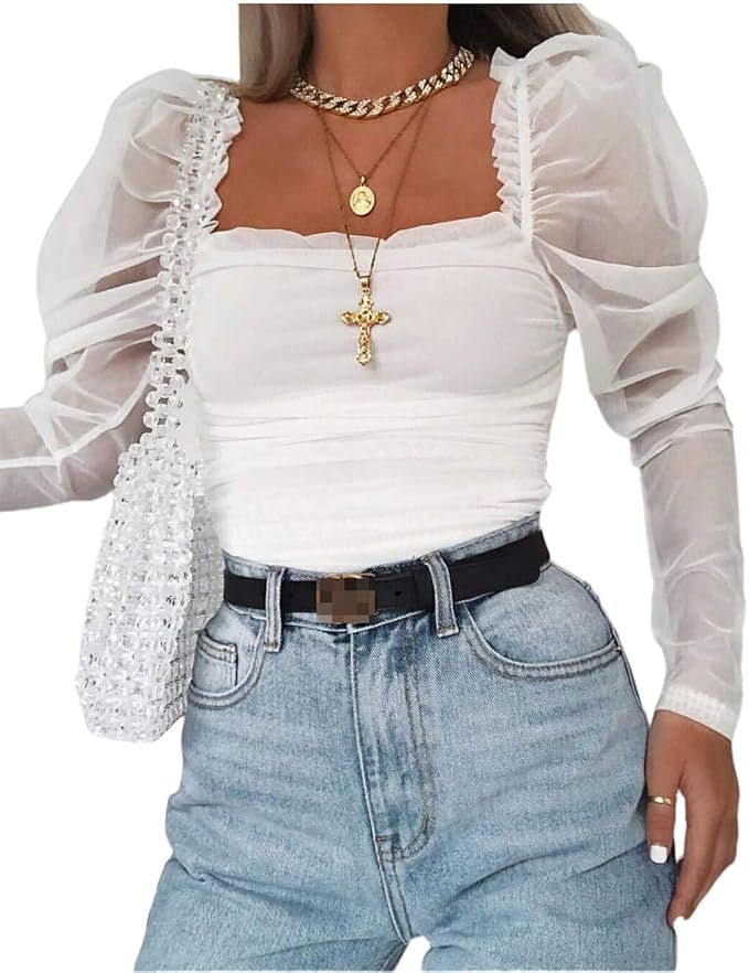 Remidoo Women's Puff Sleeve Square Neck Cropped T Shirt Mesh Sheer Tops | Amazon (US)
