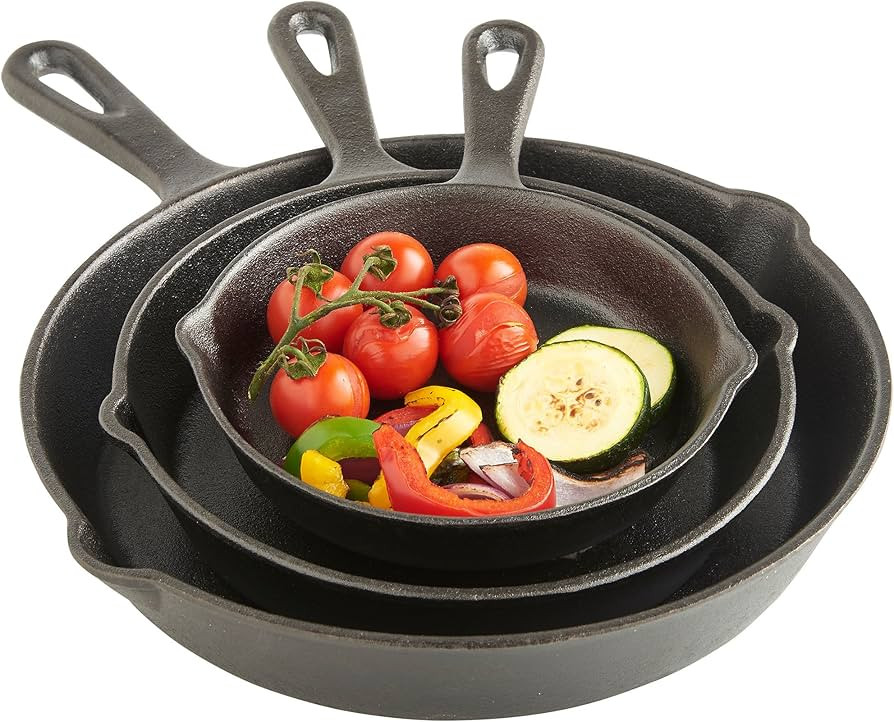 VonShef Cast Iron Skillet Set, 3 Piece Frying Pan Set, Pre-Seasoned Non-Stick Pan Set for All Hob... | Amazon (UK)