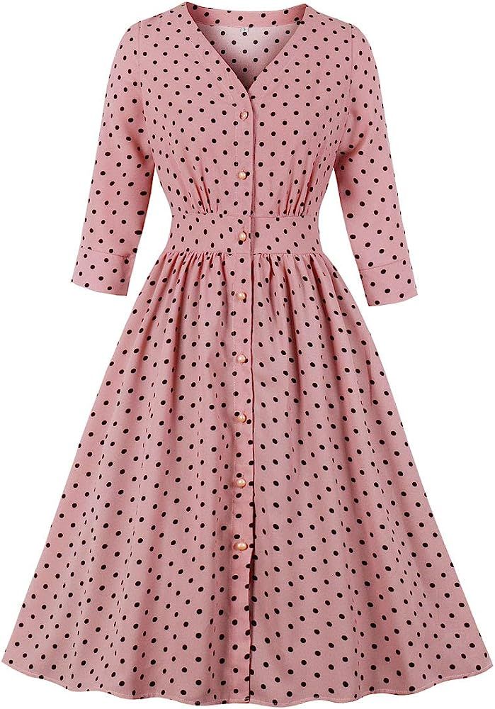 Wellwits Women's Split Neck Floral Button 1940s Day 1950s Vintage Tea Dress | Amazon (US)