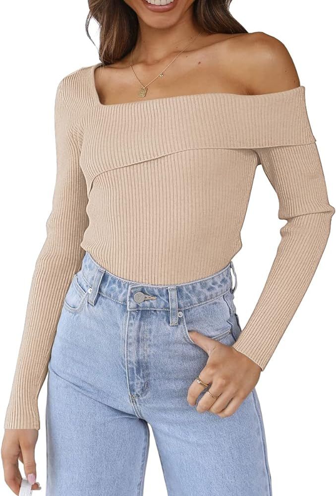 LILLUSORY Womens Off The Shoulder Pullover Fall Sweater 2022 Long Sleeve Slim Fit Fashion Ribbed ... | Amazon (US)