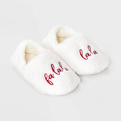 Adult Embroidered 'Fa La La' Faux Fur Christmas Slipper Socks with Grippers - Wondershop™ Ivory | Target
