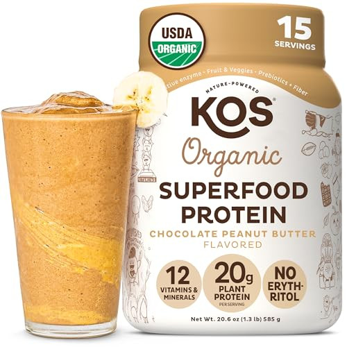 KOS Organic Plant Based Protein Powder, Chocolate Peanut Butter - Delicious Vegan Protein Powder - Keto Friendly, Gluten Free, Dairy Free & Soy Free - 15 Servings | Amazon (US)