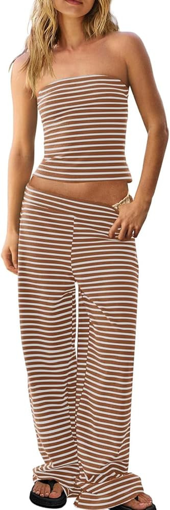 Womens Striped Two Piece Outfit Strapless Tube Top Wide Leg Pants Matching Set Summer Beach Vacat... | Amazon (US)