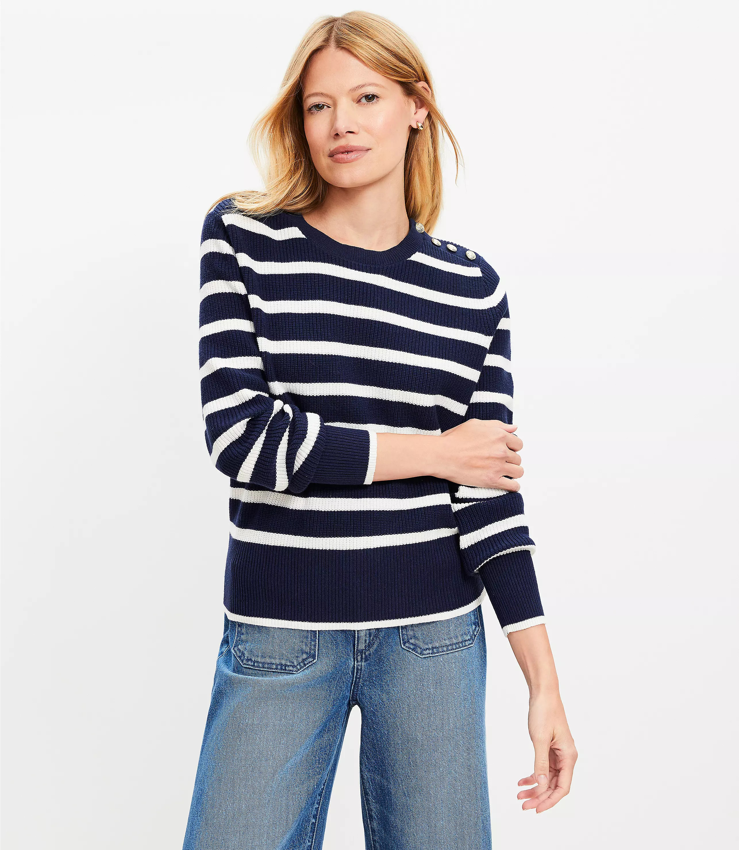 Striped Shoulder Button Wedge Sweater | LOFT