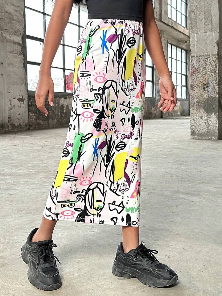SHEIN Tween Girls' Cool Graffiti Print Knit A-Line Skirt For Spring/Summer Streetwear | SHEIN