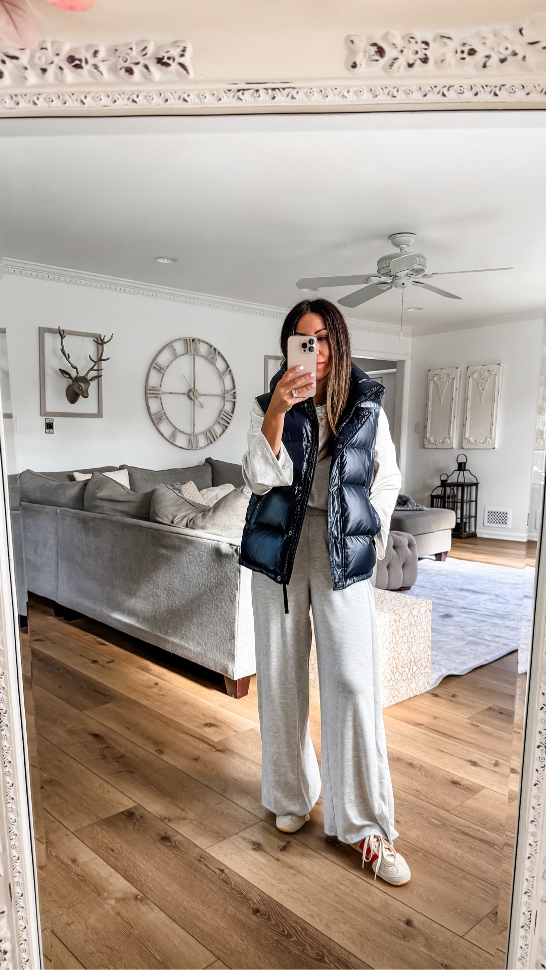 Tops small. Wide leg pants XS petite. Puffer vest small. Sneakers size down half. Jewelry code HOUSEOFLEO20.