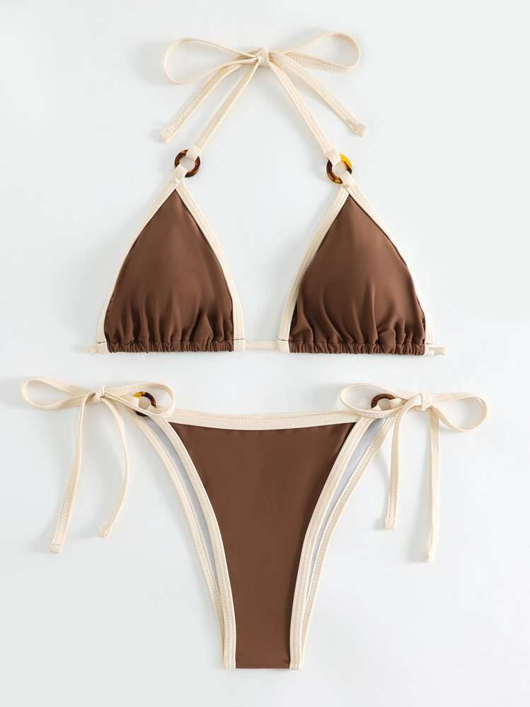 Swim Basics Summer Beach Contrast Binding Halter Triangle Bra & Tie Side Swim Bottom Bikini Set Bathing Suit | SHEIN