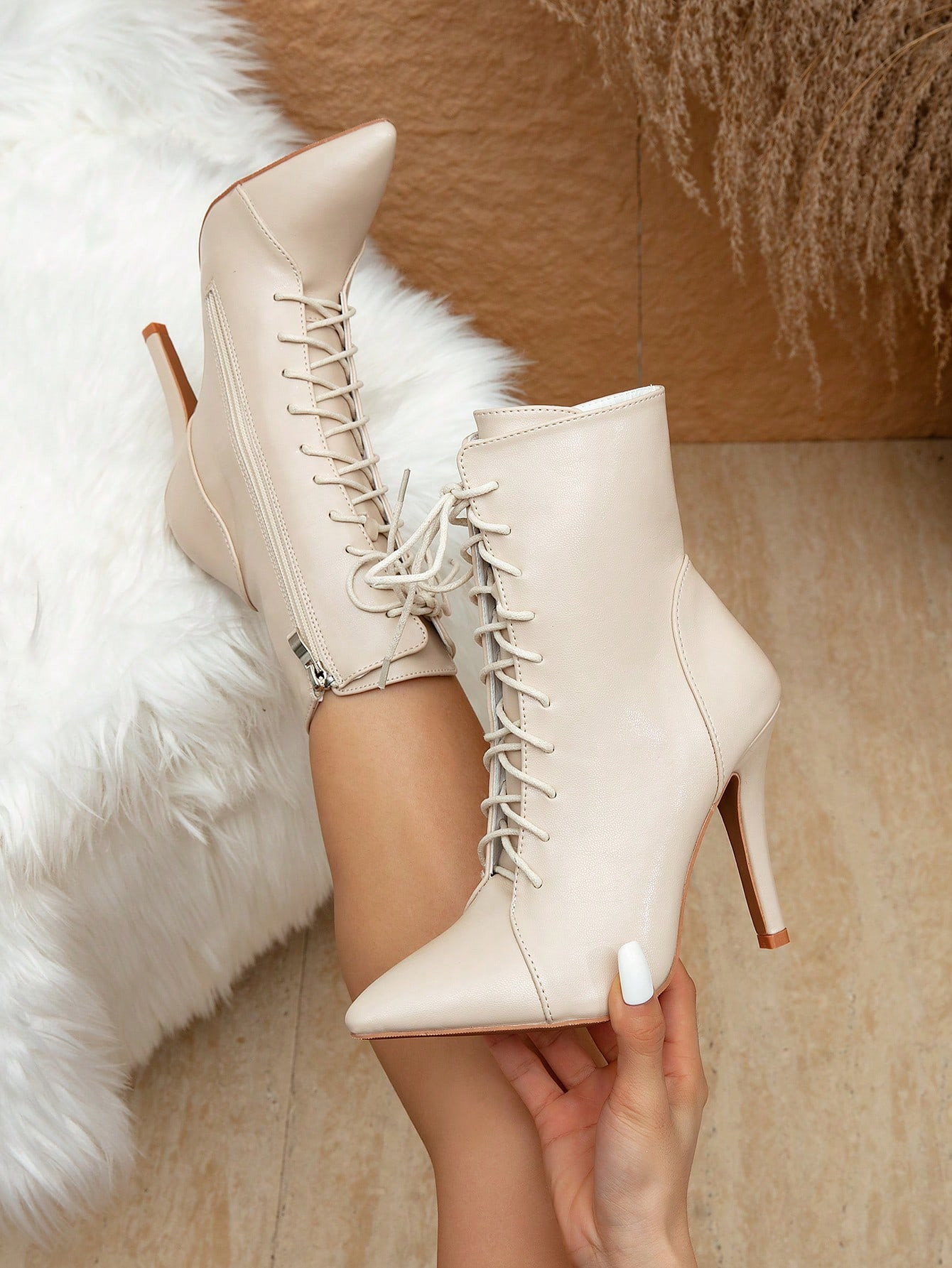 Women's Fashion Pointed Toe Mid-Calf Boots With Fine High Heel, Zipper On Side, Lace Up Boots Sui... | SHEIN