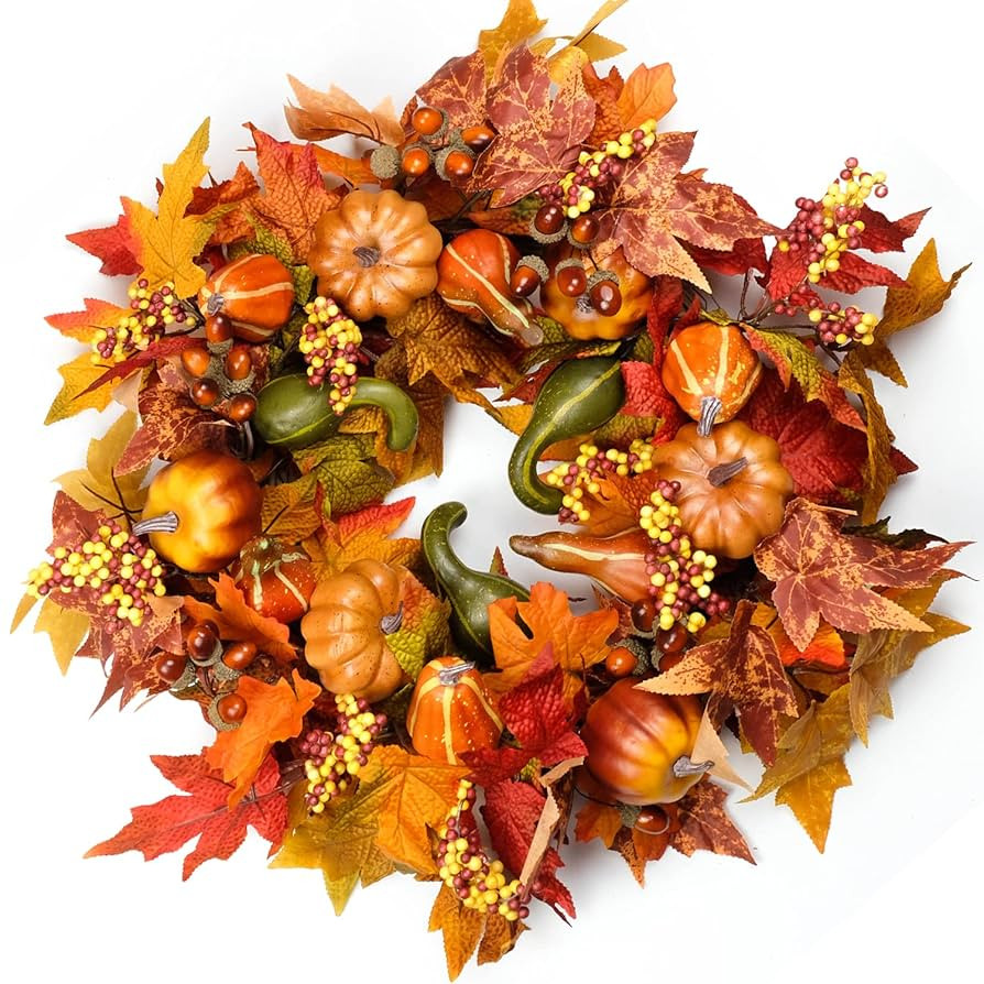 Fall Wreaths for Front Door 22 inch, Fall Door Wreath with Pumpkin, Maple Leaves Autumn Thanksgiv... | Amazon (US)