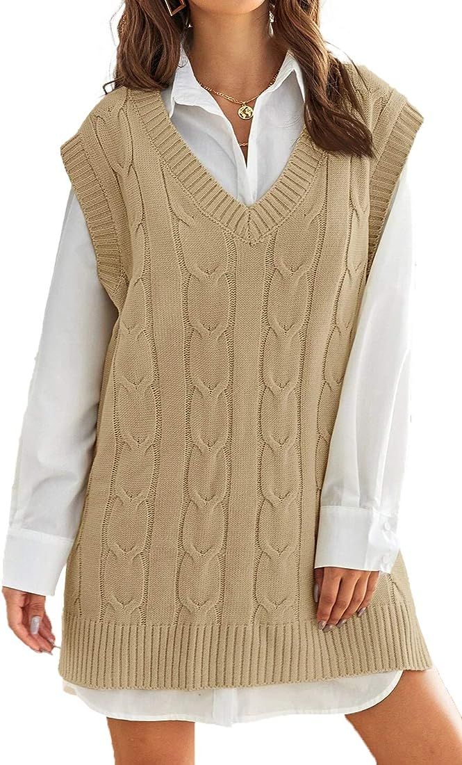 Womens Oversized Sweater Vest V Neck Sleeveless Cable Knit Pullover Jumpers Tops | Amazon (US)