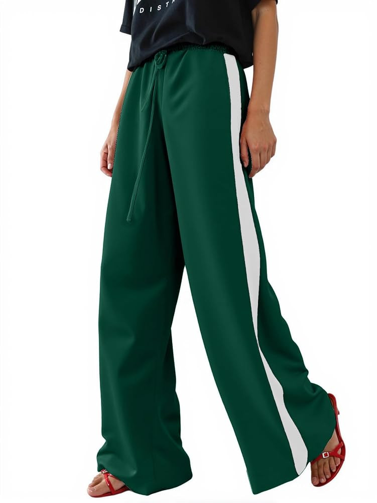 Women's Casual Pants Drawstring Leopard Print Color Block Side Striped Straight Leg Wide Leg Loos... | Amazon (US)