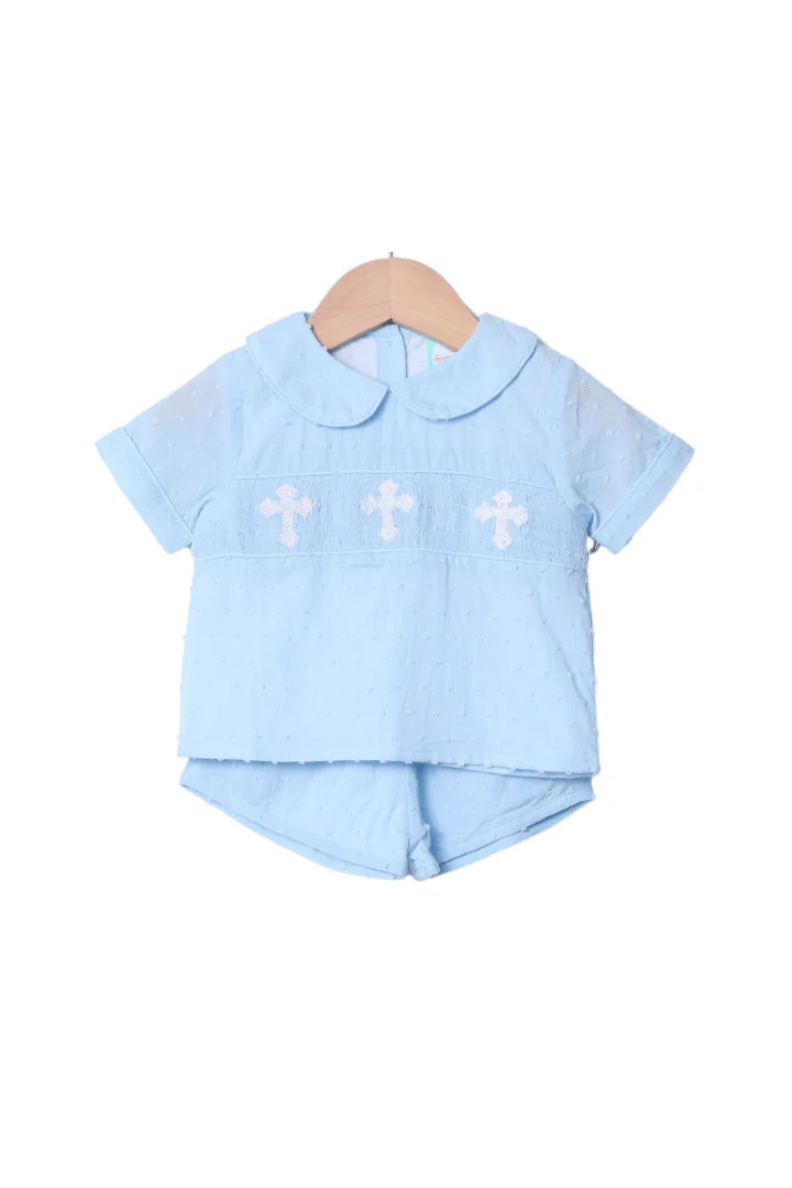 Smocked Cross Blue Swiss Dot Short Set | The Smocked Flamingo