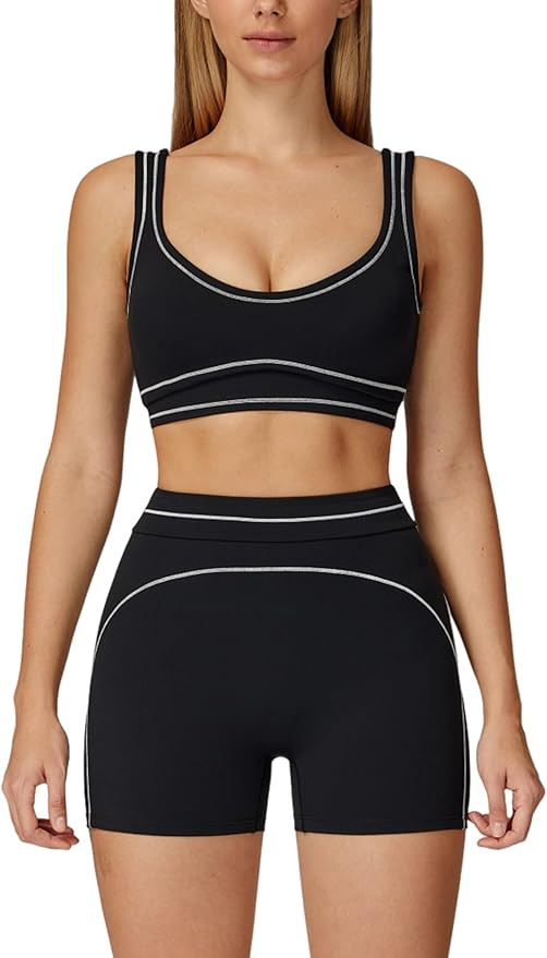Two Piece Workout Sets for Women Color Block Sports Bra and High Waist Shorts Gym Yoga Active Wea... | Amazon (US)