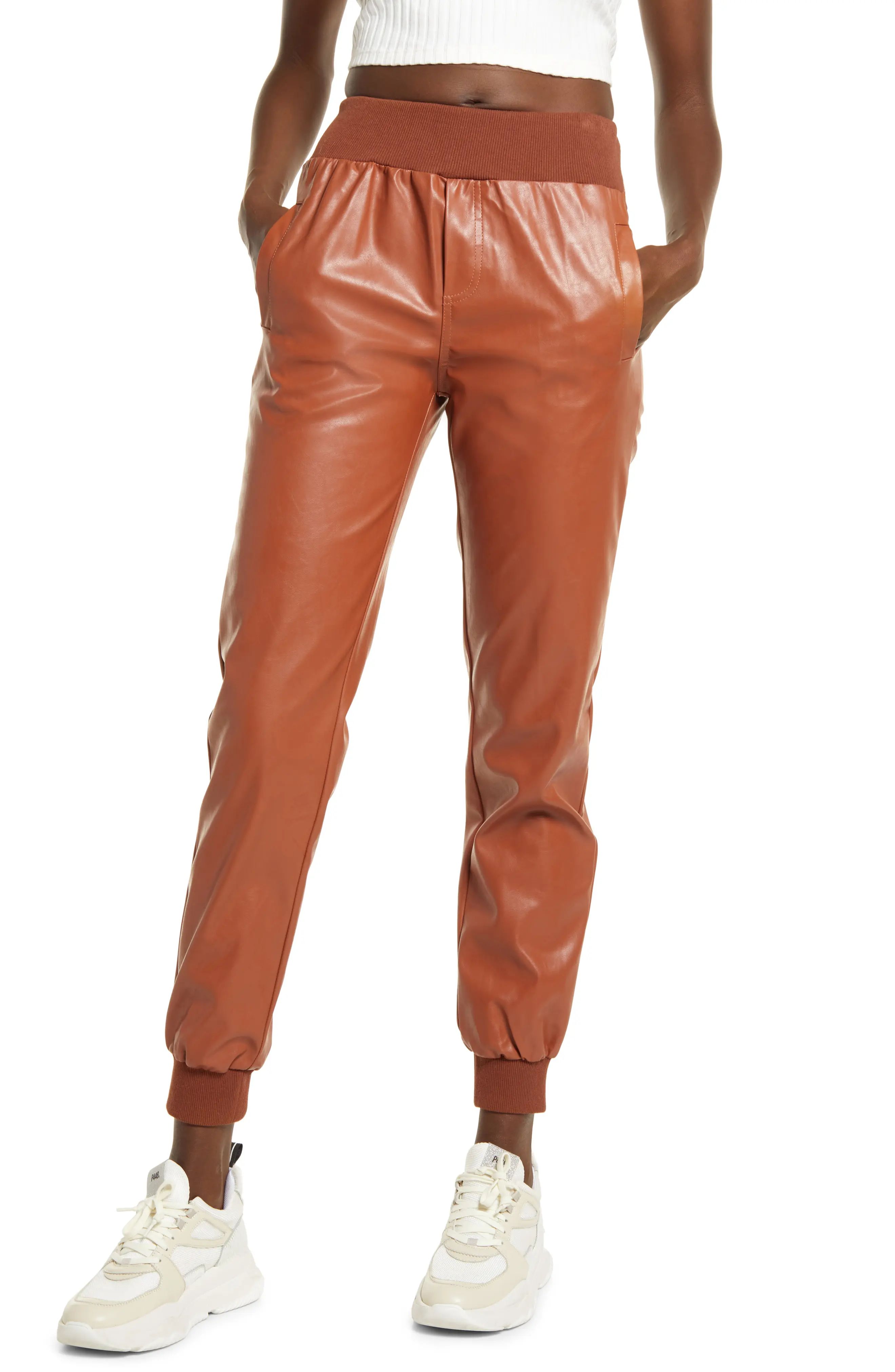 Women's Kendall + Kylie Faux Leather Joggers, Size Small - Brown | Nordstrom