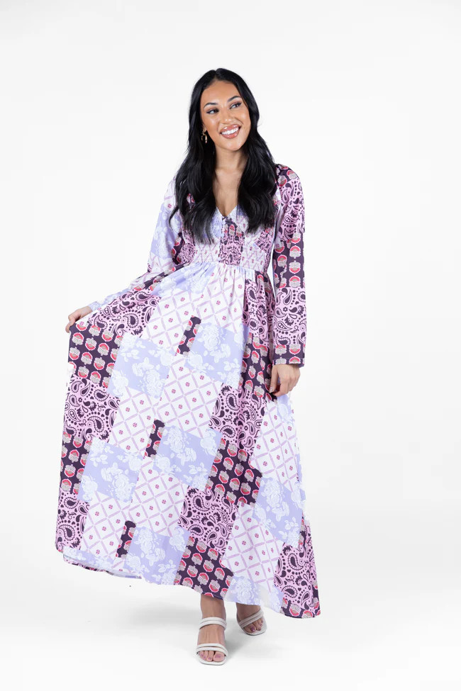 Falling Petals Purple Patchwork Printed Maxi Dress FINAL SALE | Pink Lily