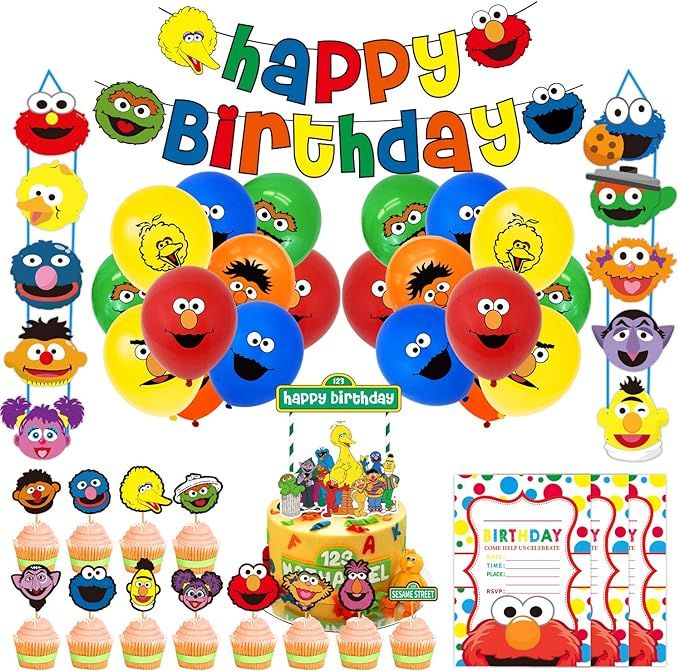 Nelton Birthday Party Supplies For Sesame Includes Banner - Cake Topper - 24 Cupcake Toppers - 18... | Amazon (US)