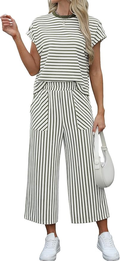 Sweetmoon Capri Sets Women 2 Piece Outfits Summer Top and Wide Leg Striped Pants with Pockets for... | Amazon (US)
