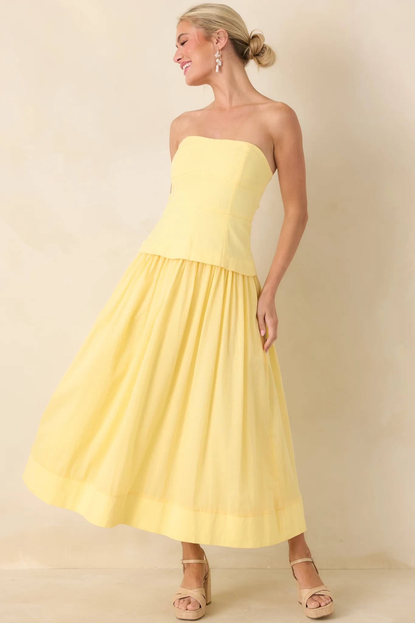 You Already Know Yellow Cotton Bustier Bodice Strapless Midi Dress | Red Dress