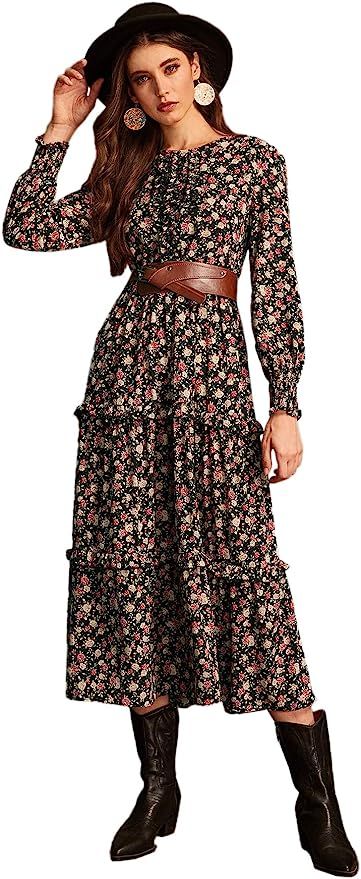 Floerns Women's Long Sleeve Floral Print High Waist Midi Dress | Amazon (US)