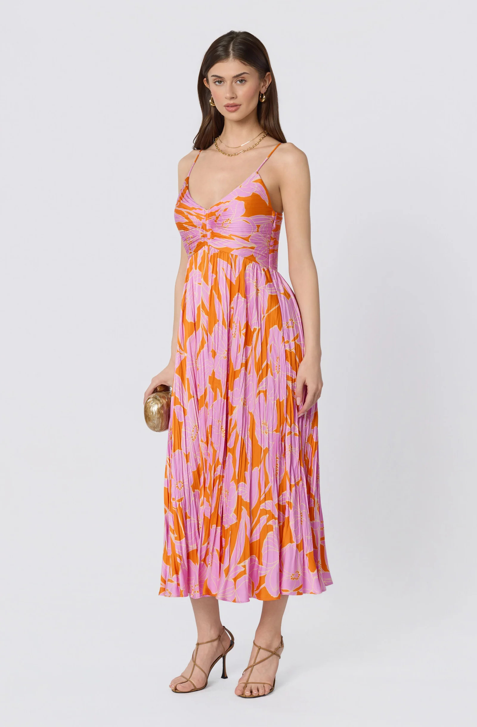 Maeve Pleated Satin Midi Dress - Orange pink floral / XS | ASTR The Label (US)