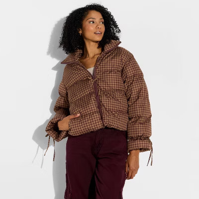 Women's Bow Puffer Jacket - Wild Fable™ Brown Gingham Check M | Target