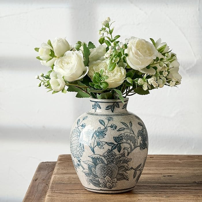 SIDUCAL Ceramic Chinoiserie Floral Vase | 6.3 Inch Blue and White Vintage | Retro Ice Cracked Blu... | Amazon (CA)