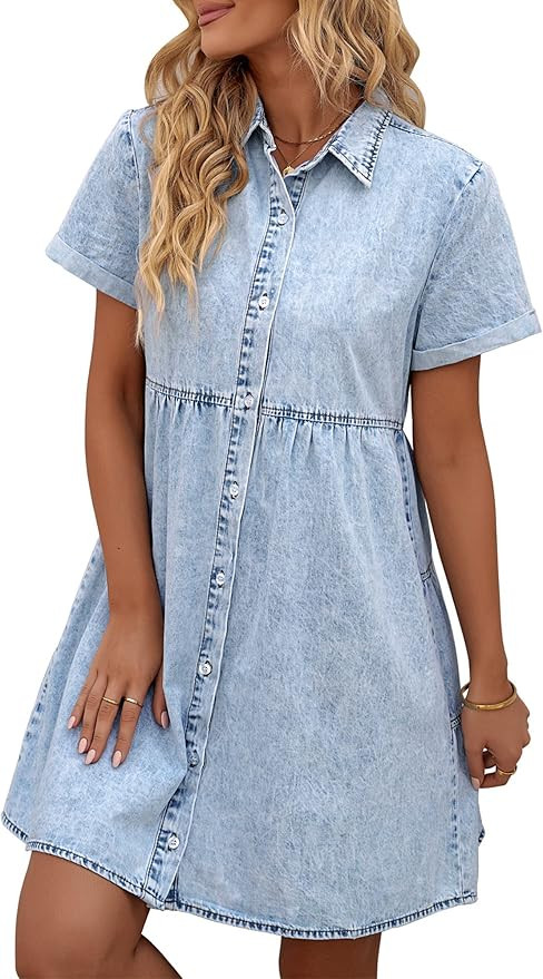 LookbookStore Women's Short Sleeve Button Down Flowy Tiered Babydoll Denim Dress | Amazon (US)