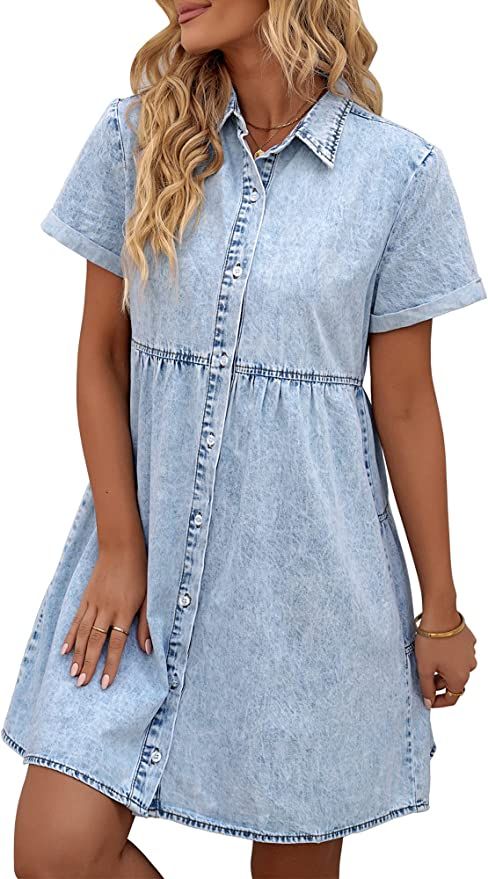 LookbookStore Women's Short Sleeve Button Down Flowy Tiered Babydoll Denim Dress | Amazon (US)