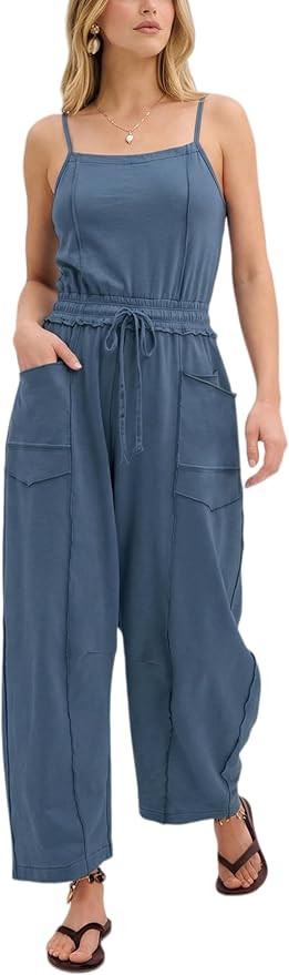 UANEO Women's Jumpsuit Adjustable Spaghetti Straps Summer Overalls Barrel Wide Leg Drawstring Rom... | Amazon (US)