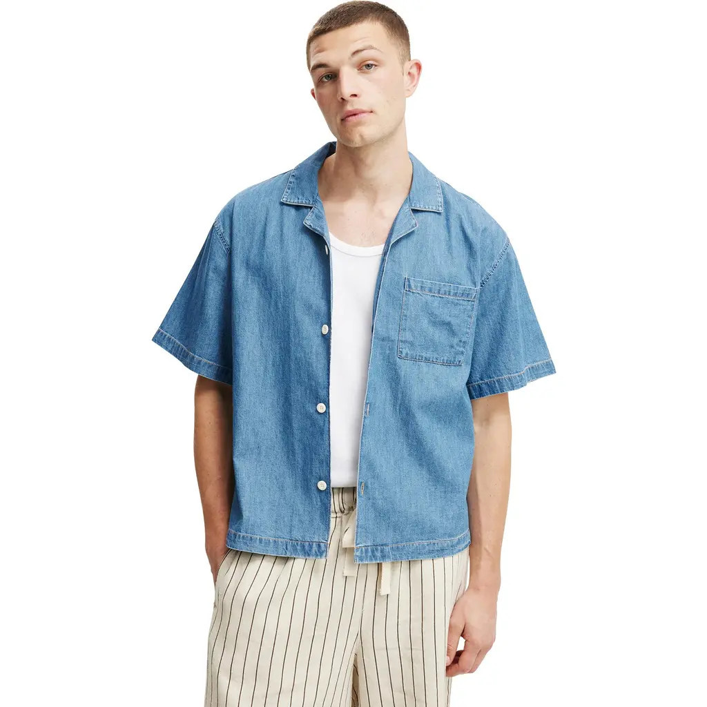 Cotton On Denim Box Fit Short Sleeve Shirt in Mid Blue Rinse at Nordstrom, Size Large | Nordstrom