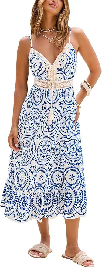 CUPSHE Womens Boho Midi Dresses Summer Spaghetti Strap Crochet Lace V Neck Drawstring Waist Beach... | Amazon (US)