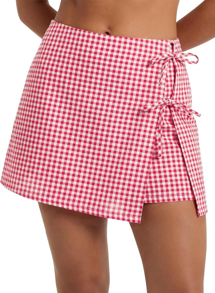 EXLURA Womens High Waisted Gingham Skort A-Line Wrap Mini Skirt with Shorts Side Tie Cotton Plaid... | Amazon (US)