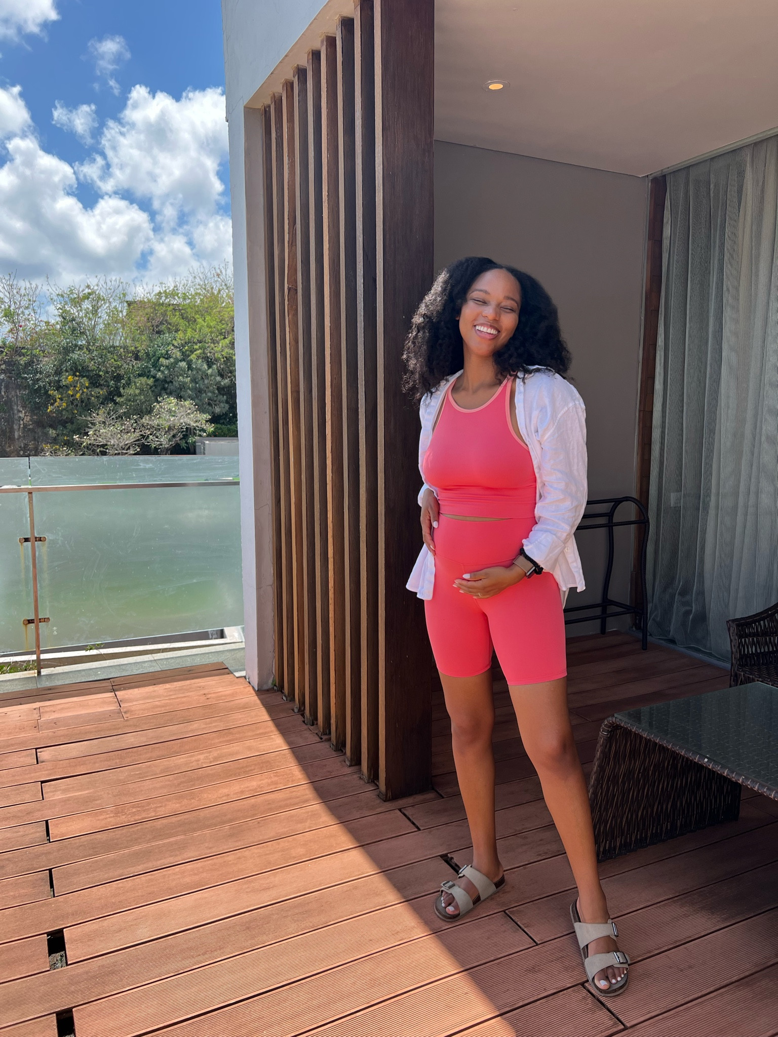 Morning yoga in the most comfy maternity workout set paired with a linen button down  

#LTKtravel #LTKfit #LTKbump