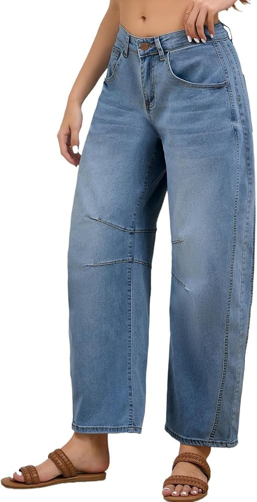 LaiyiVic Barrel Jeans for Women Wide Leg Mid Waist Cropped Denim Pants Baggy Boyfriend Jeans | Amazon (US)