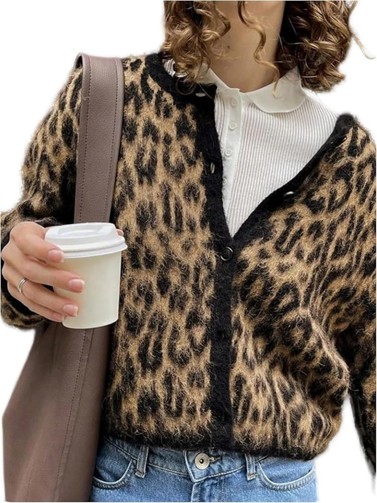WDIRARA Women's Leopard Cardigan Sweaters Button Down Long Sleeve Fuzzy Knit Outerwear | Amazon (US)