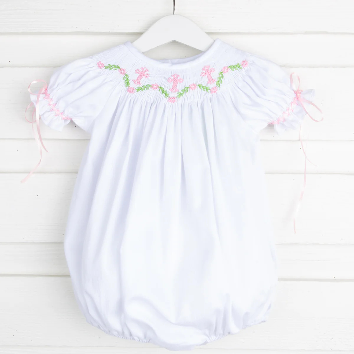 Cross and Vine Smocked White Bubble | Classic Whimsy