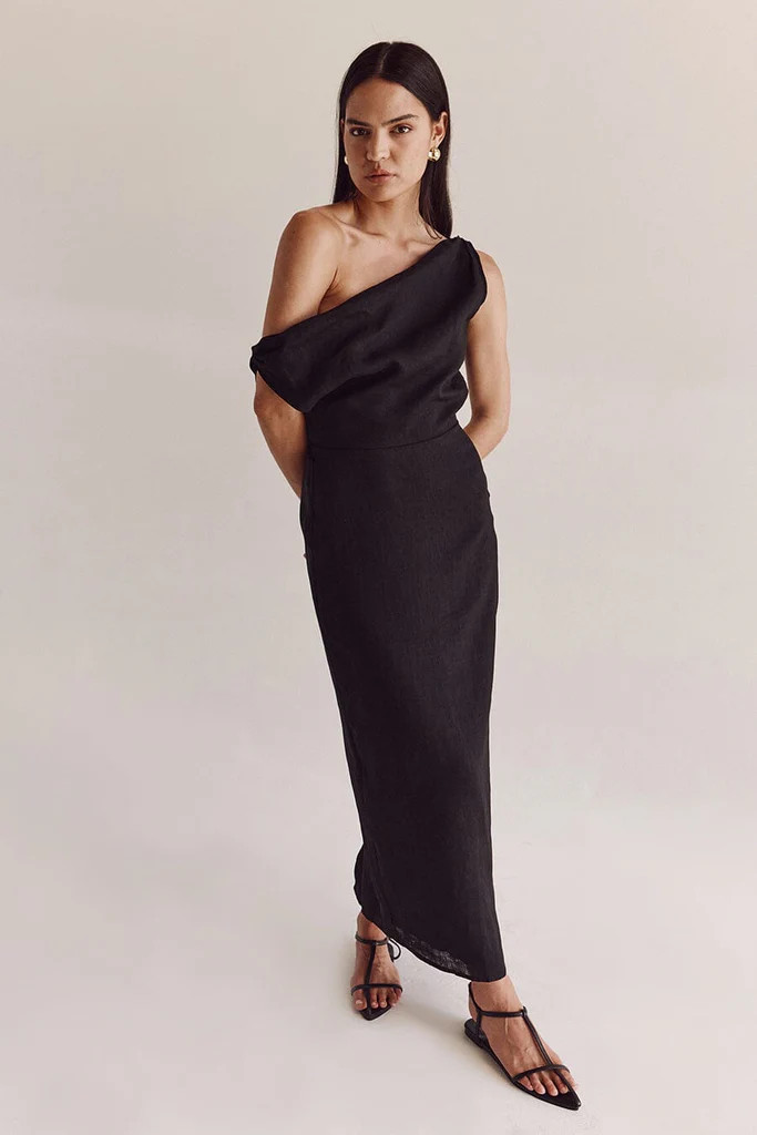 CASS BLACK LINEN ASYM MIDI DRESS | DISSH