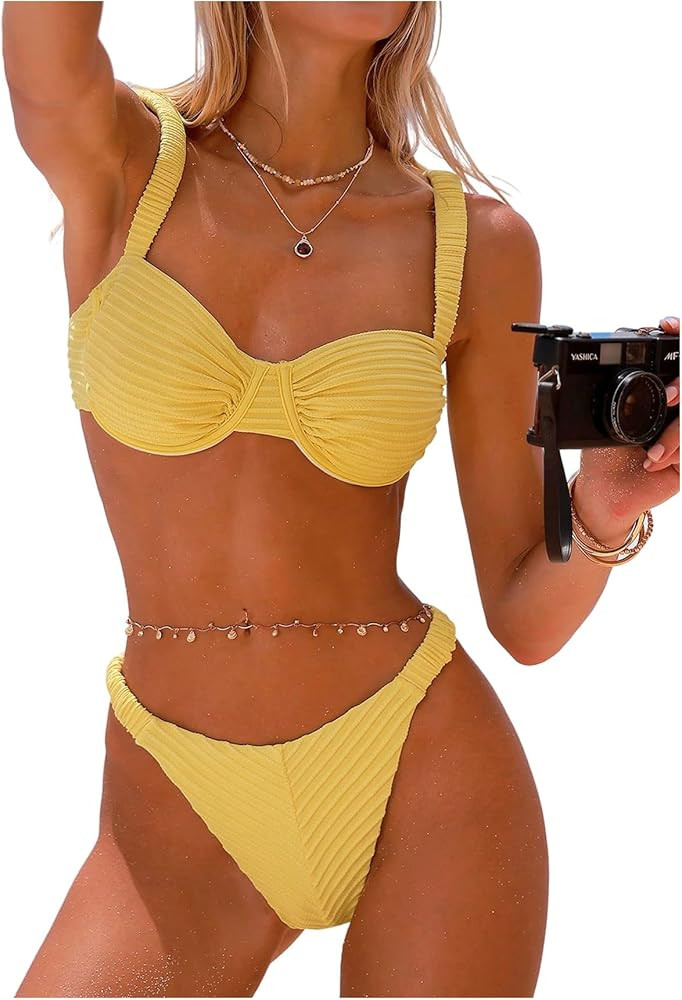 SweatyRocks Women's 2 Piece Wide Strap High Cut Thong Bikini Sets Cheeky Push Up Ruched Bathing S... | Amazon (US)