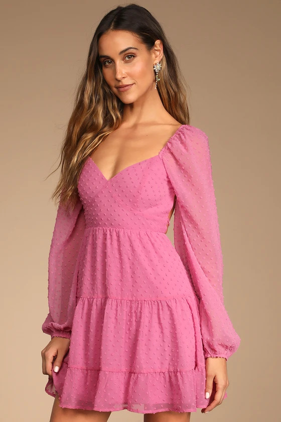 Longing And Love Pink Swiss Dot Puff Long Sleeve Mini Dress | Lulus