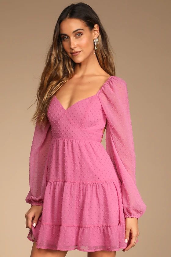 Longing And Love Pink Swiss Dot Puffed Long Sleeve Mini Dress | Lulus (US)