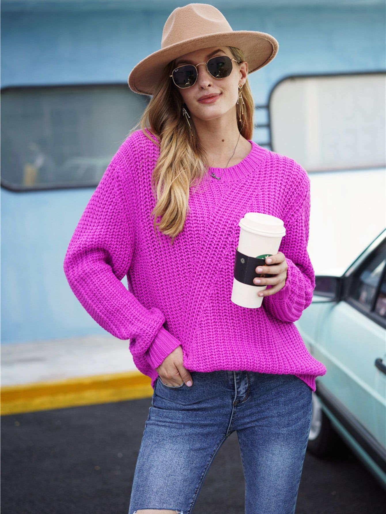 Neon Pink Drop Shoulder Sweater | SHEIN