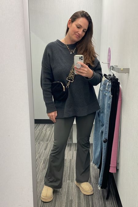 Denim shopping 👖 Nordstrom Rack is still my favorite spot for finding inexpensive, brand name jeans - STS blue is one I love. 
Wearing a L in Amazon crossover leggings, Aerie crewneck sweater & Altar’d State cloud slippers ☁️

#LTKmidsize #LTKover40 #LTKfindsunder50