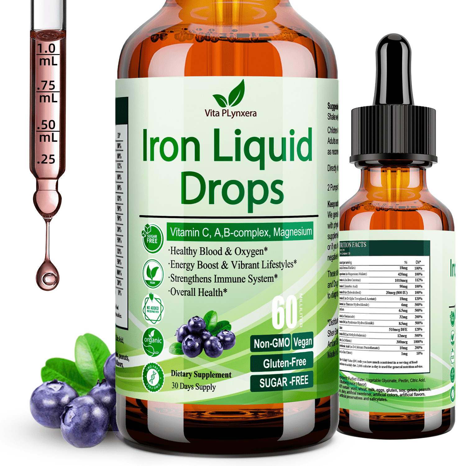 Liquid Iron Supplement for Women Men , Vegan Drops with Vitamin C D, B12, B-Complex, High Potency... | Walmart (US)