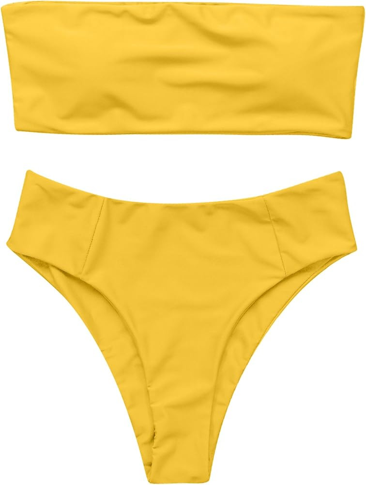 OMKAGI Women's 2 Pieces Bandeau Bikini Swimsuits Off Shoulder High Waist Bathing Suit High Cut | Amazon (US)
