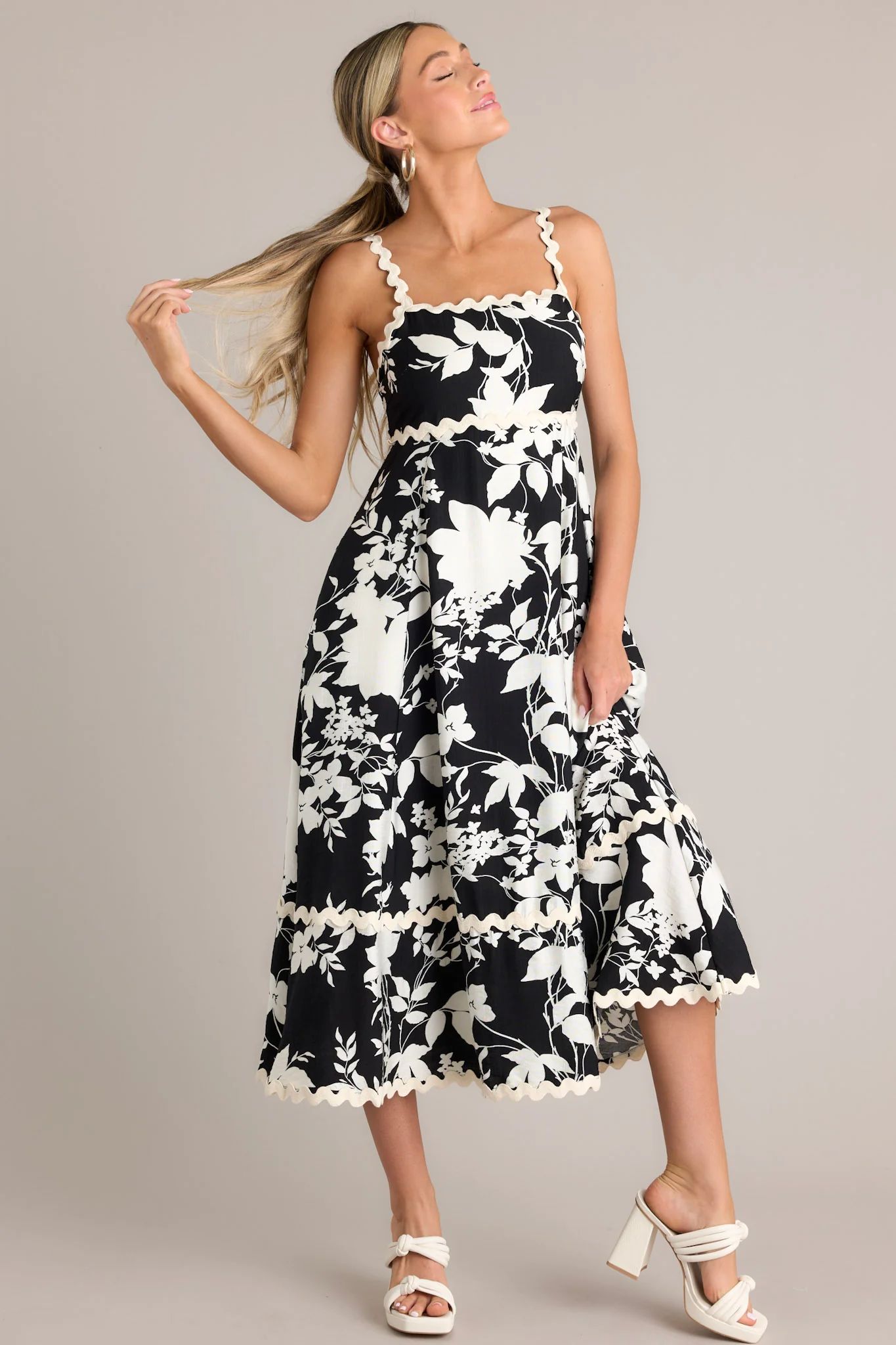 Cherry Blossom Bliss Black Floral Midi Dress | Red Dress