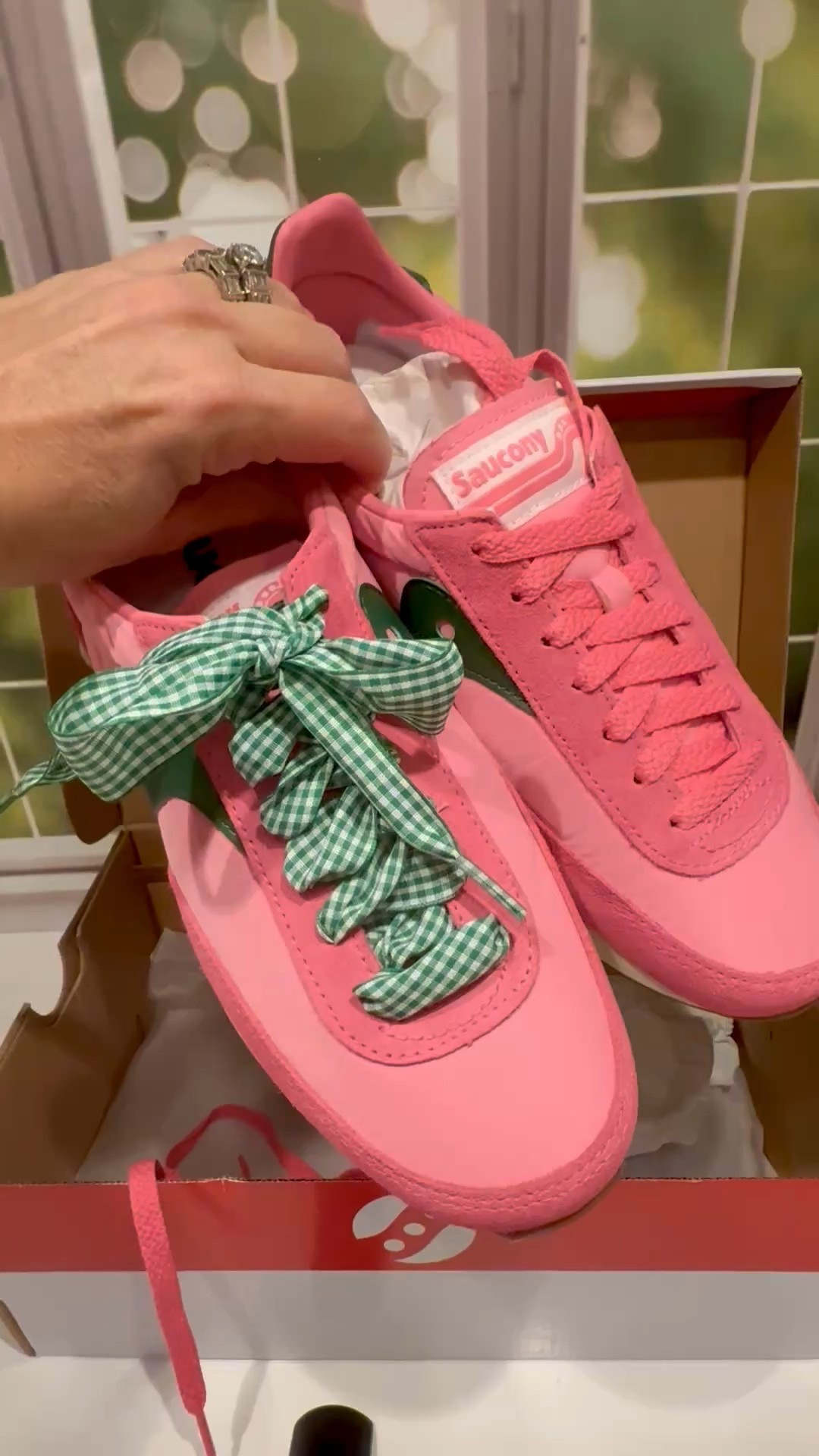 What do you think? I ordered these green and white checkered laces to wear with these super cute pink and green Saucanys to wear to the Masters.💗💚

#LTKWatchNow #LTKActive #LTKShoeCrush