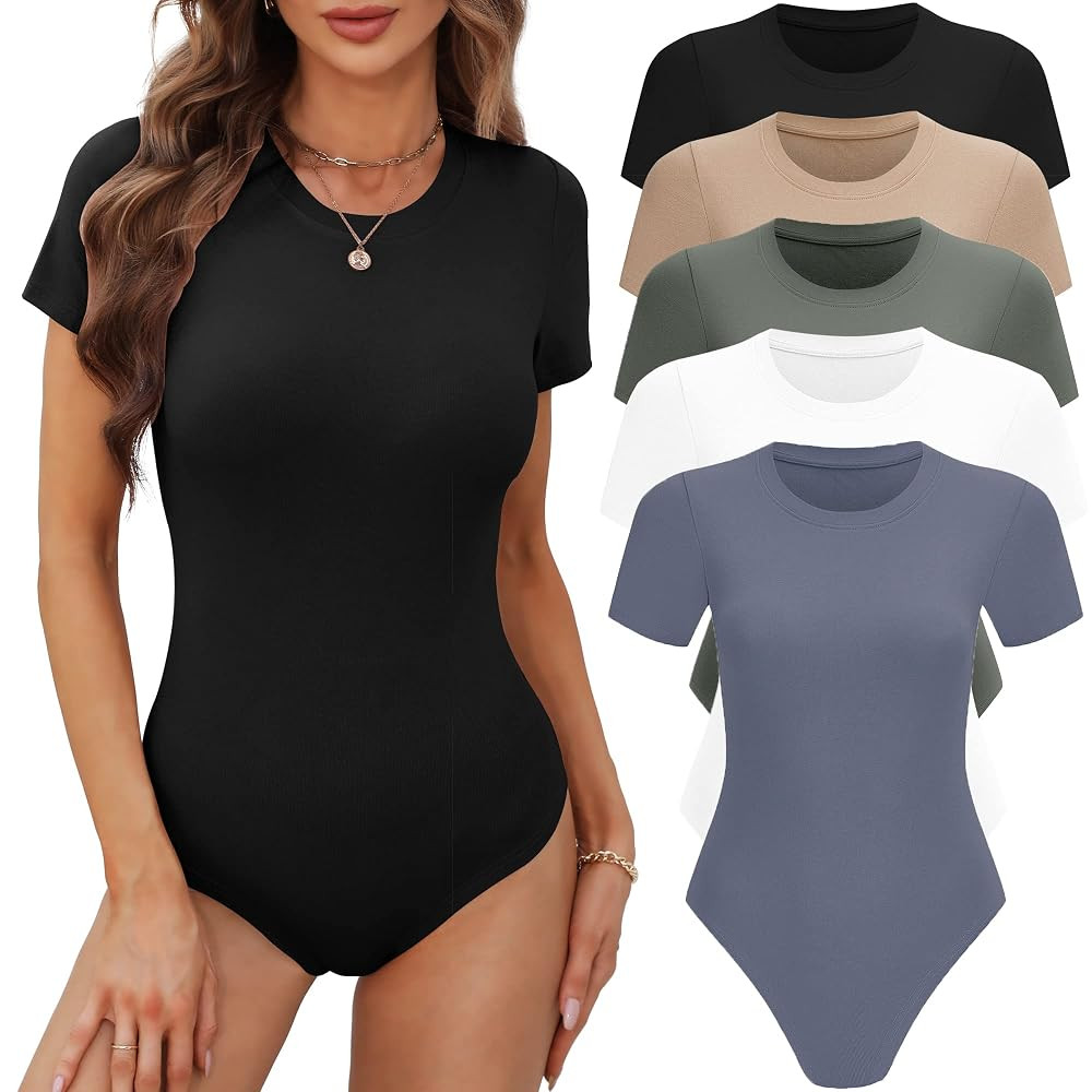 BALENNZ Women's 4/5 Pack Short Sleeve Round Neck Bodysuit Tops Crew Neck Basic Casual Tshirt Body... | Amazon (US)