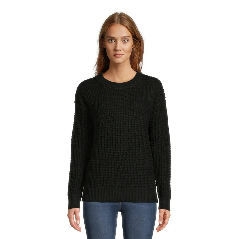 Time and Tru Women's Long Sleeve Waffle Crewneck Pullover Sweater - Walmart.com | Walmart (US)