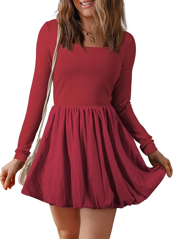 BLENCOT Women's Square Neck Bubble Dress Fall Long Sleeve Cocktail Party A Line Mini Dresses | Amazon (US)