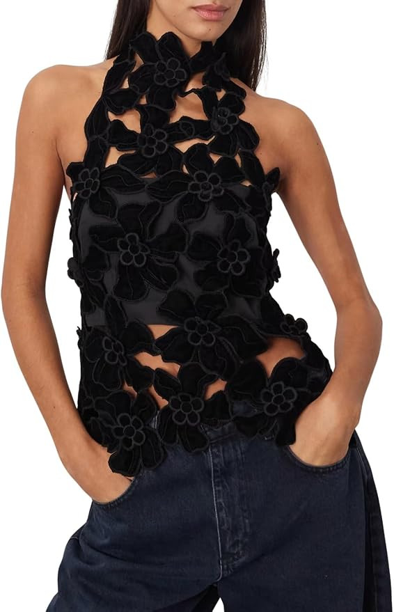 Women Hollow Out Floral Lace Top 3D Flower Halter Top Sexy Eyelet Backless Mock Neck Tank Top Sum... | Amazon (US)